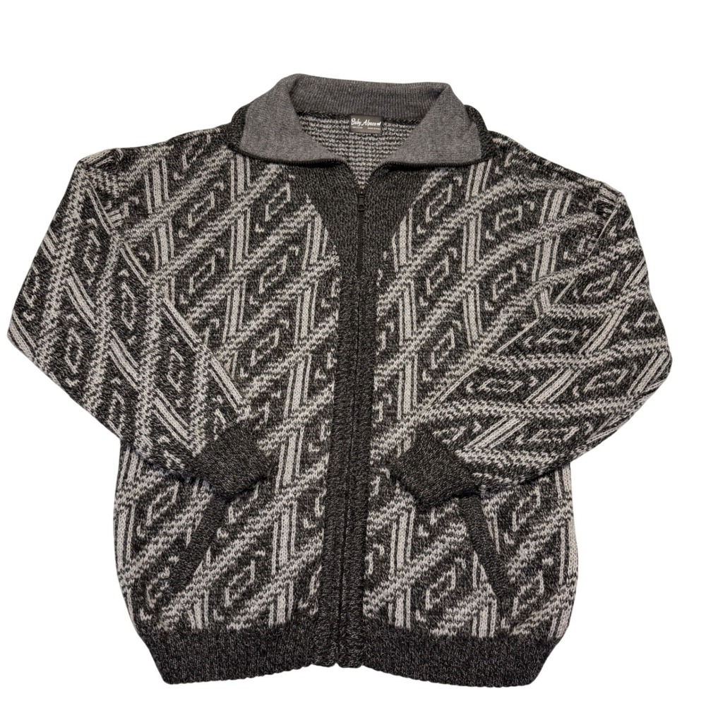 Baby Alpaca Peru Full Zip Geometric Diamond Knit Cardigan Sweater Gray Mens XL